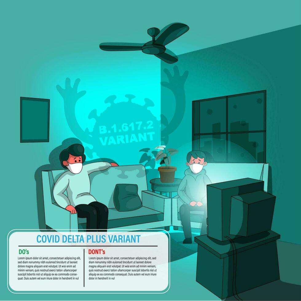 COVID-19 Delta Plus Variant Strain Concept With People Wearing Mask At Home. vector