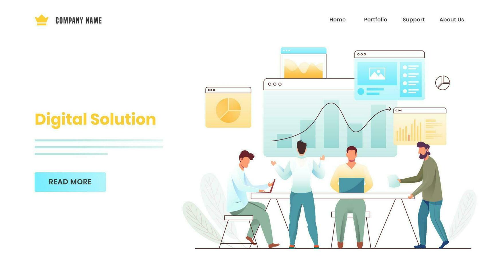 Business men working together on workplace with different infographics website for Digital Solution concept based landing page design. vector