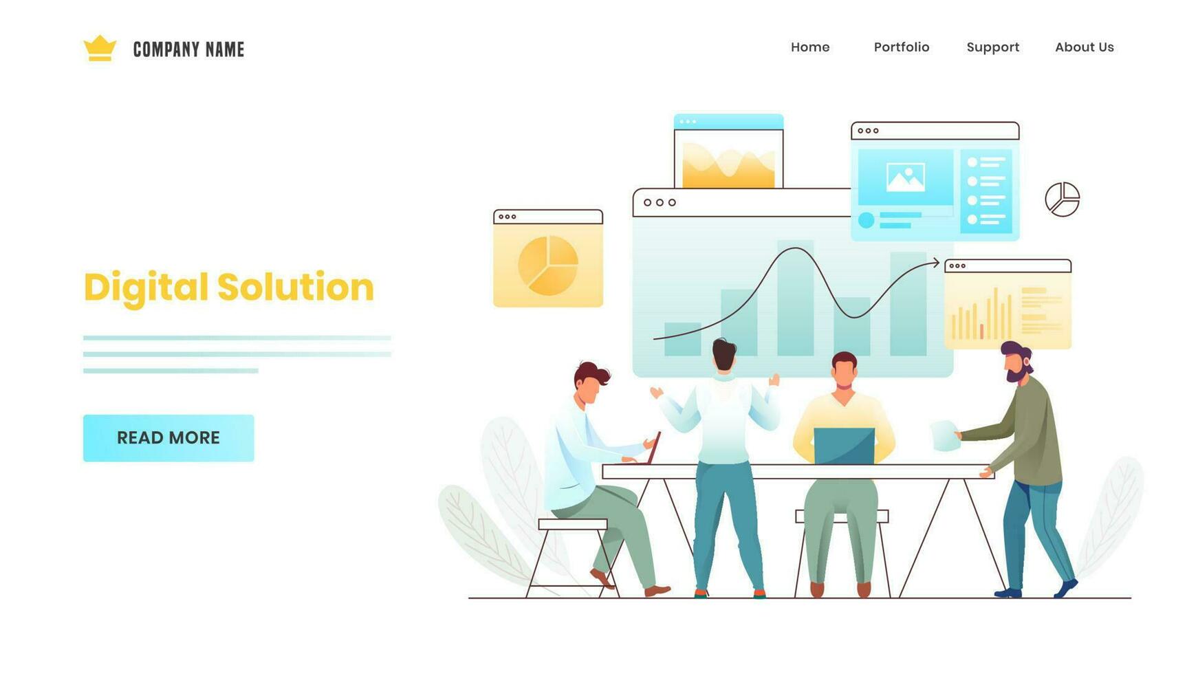 Business men working together on workplace with different infographics website for Digital Solution concept based landing page design. vector
