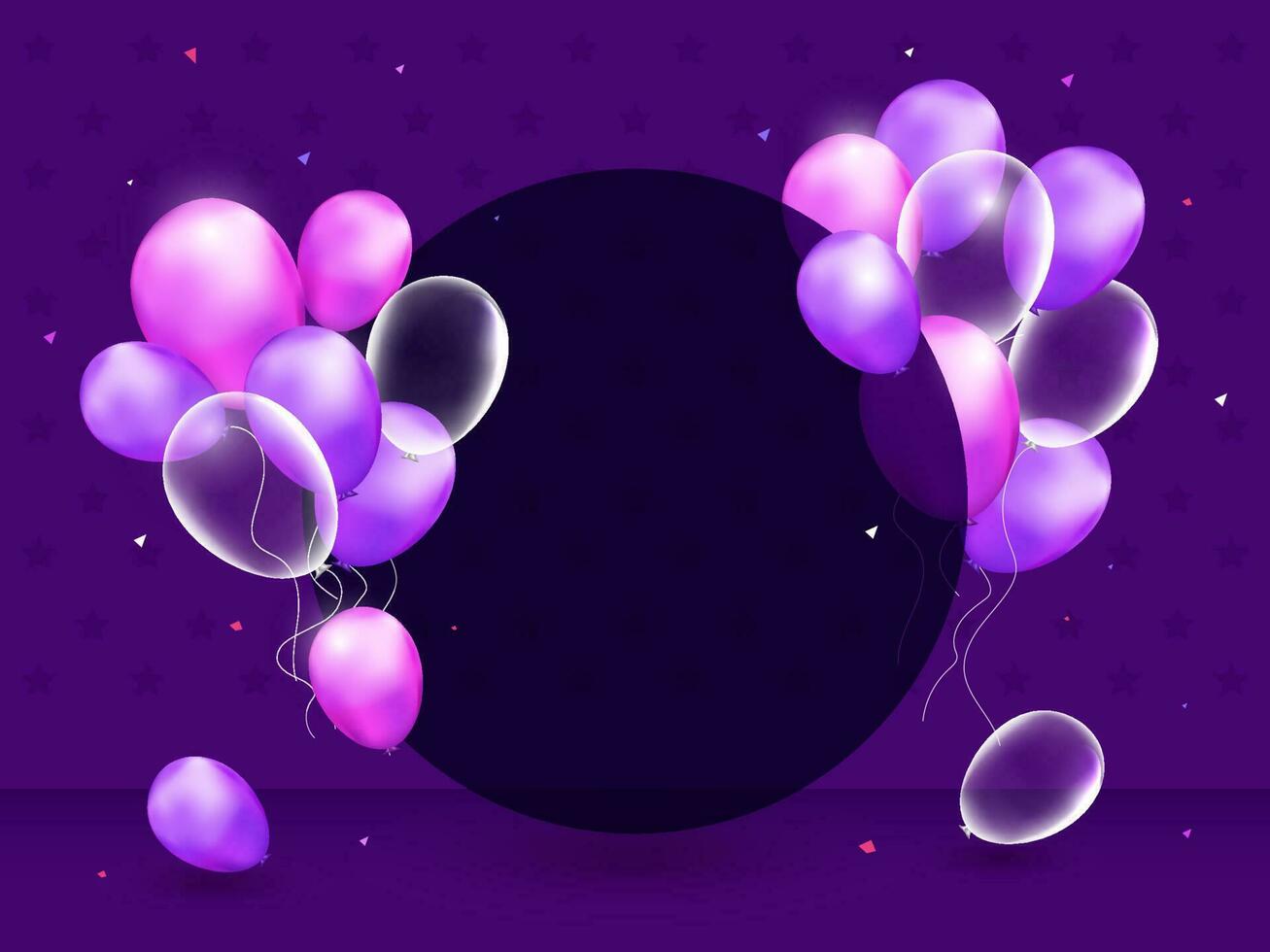 Realistic Glossy Balloon Bunch Decorated Empty Circular Frame Given Space for Your Message on Purple Background. vector