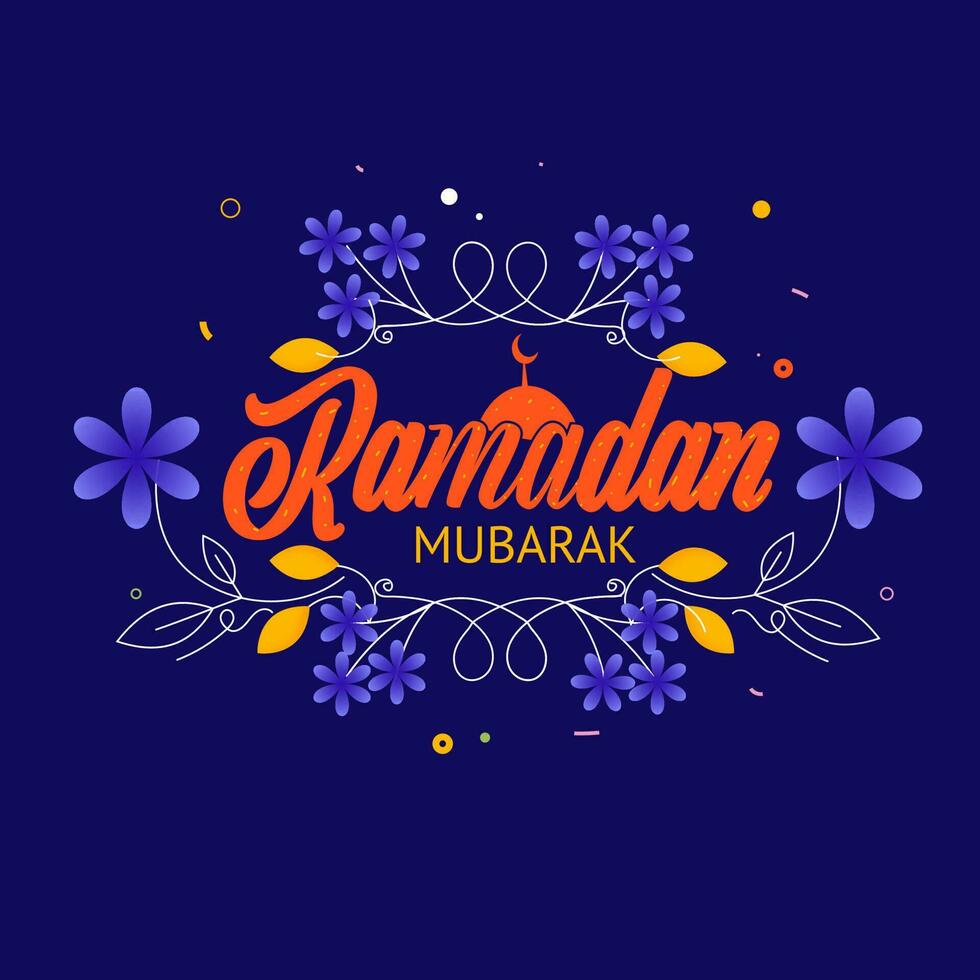 Ramadan Mubarak Font With Mosque And Flowers Decorated On Blue Background. vector