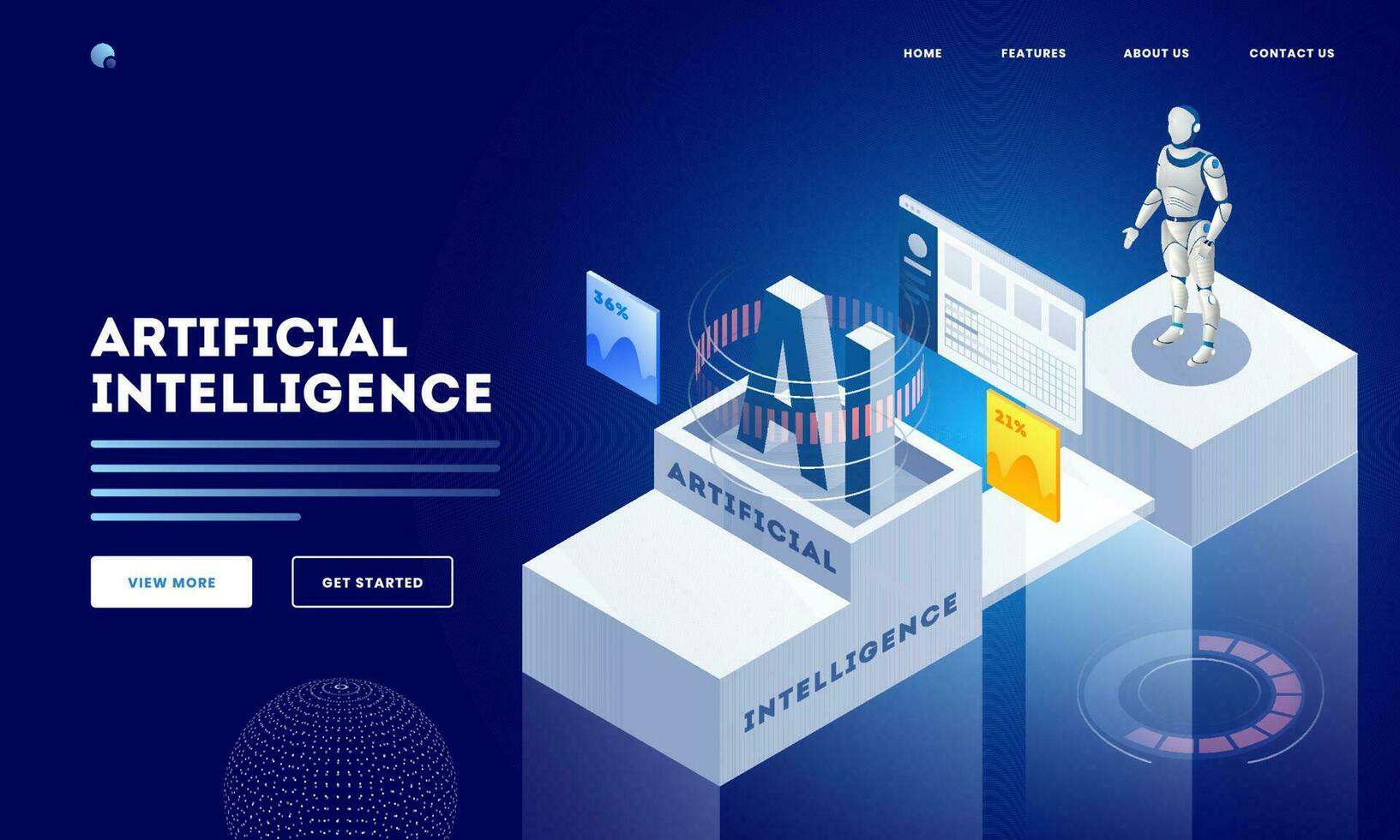 Isometric illustration of humanoid robot working level process check to percentage on workplace background for Artificial Intelligence concept. vector