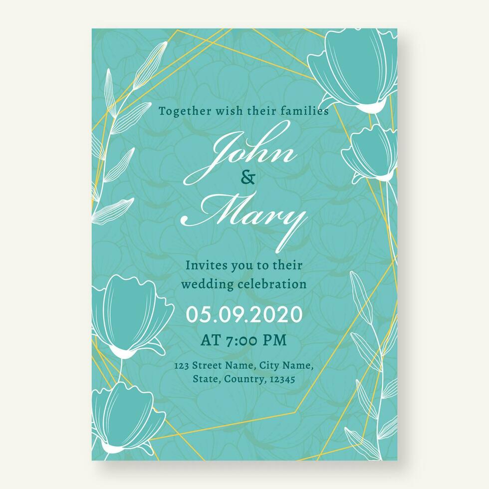 Floral Wedding Invitation Card Design in Turquoise Color with Event Details. vector