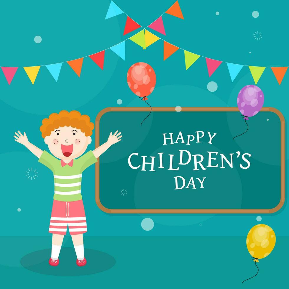 Happy cute boy raising hands with colorful balloons and bunting flags on turquoise background for Happy Children's Day celebration. vector