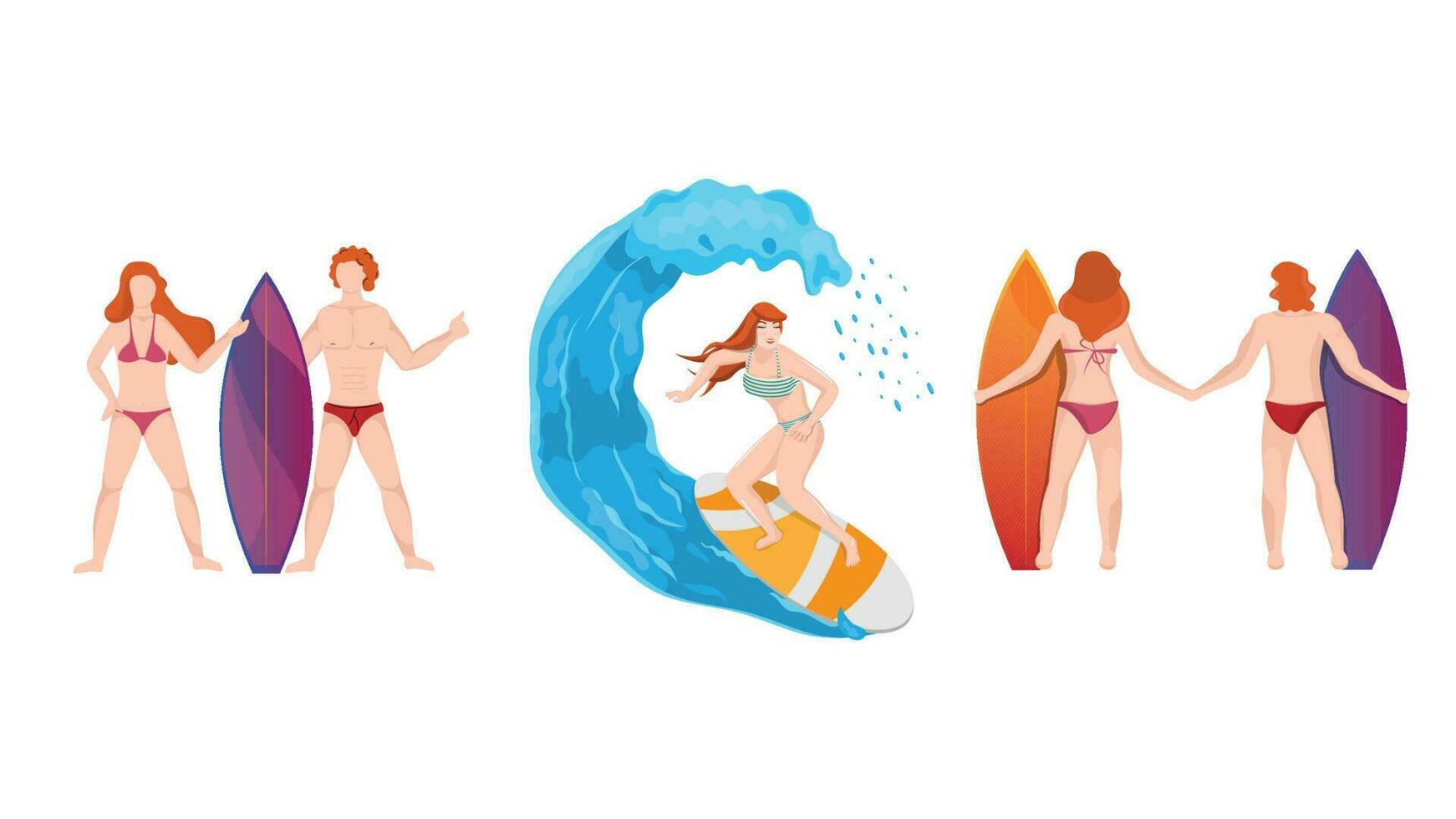 Faceless character of surfer man and woman together on white background for Enjoy Summer Holiday concept. vector