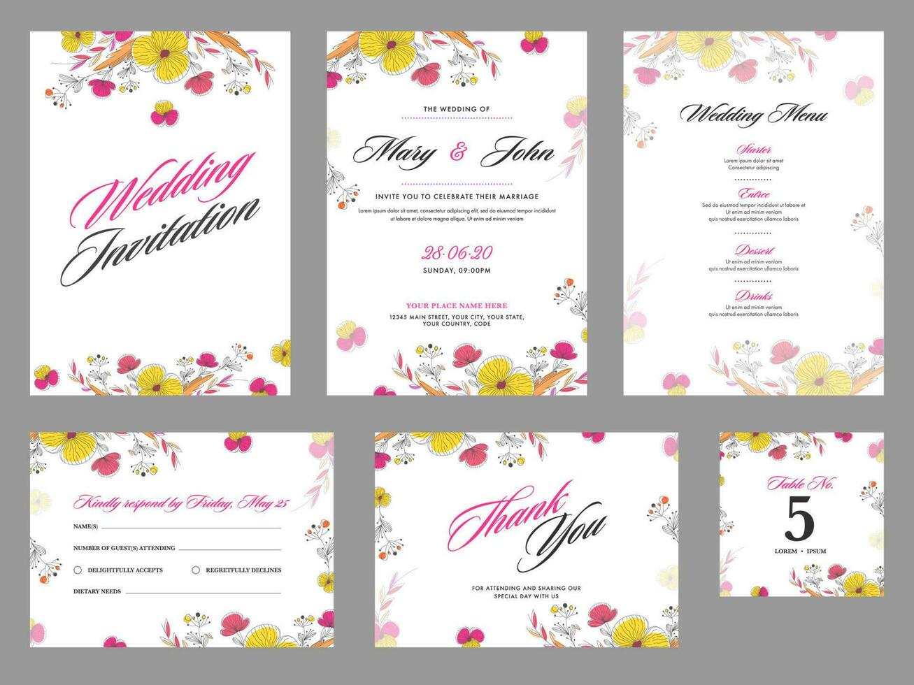 Flowers Decorated Wedding Invitation, Menu, Kindly Reply, Table Number and Thank You Card. vector