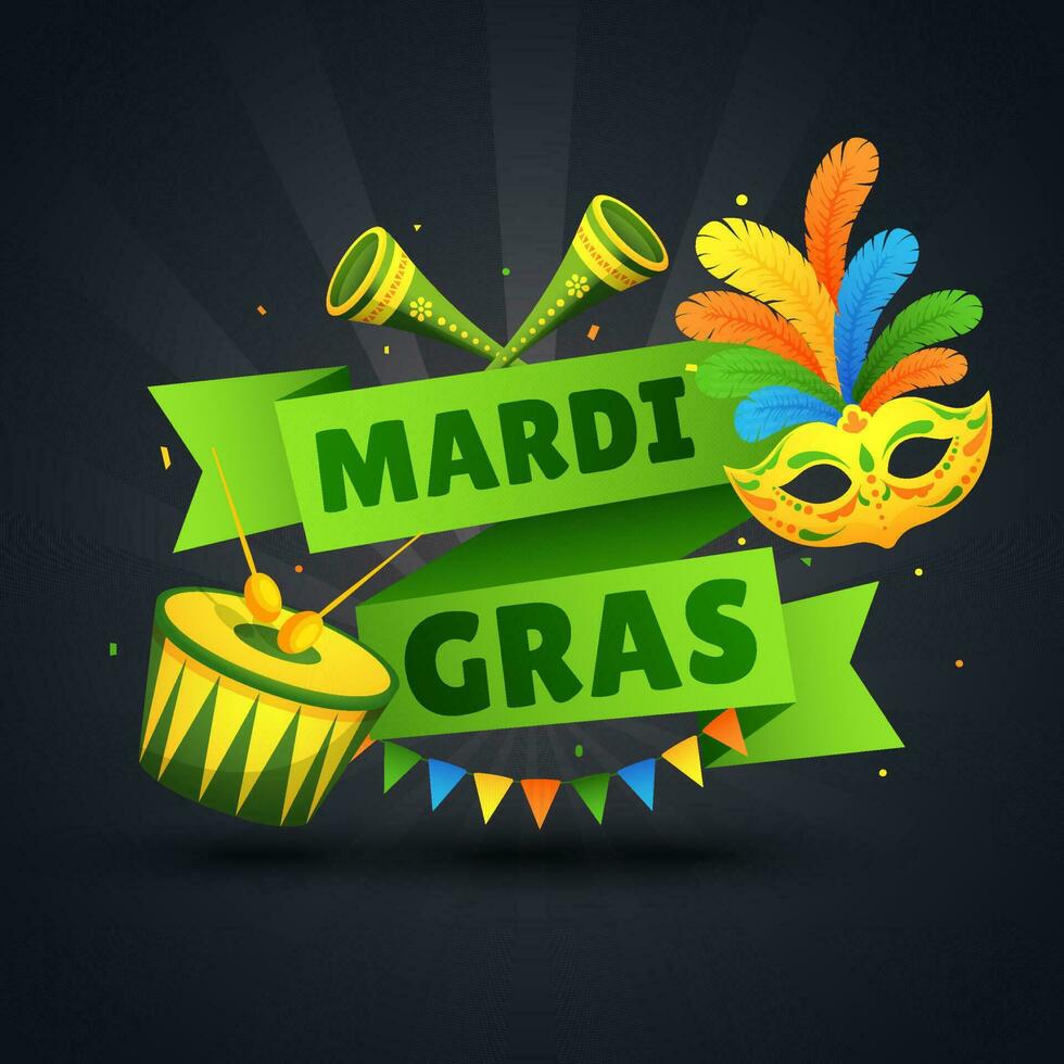 Mardi Gras text in green ribbon with party mask and music instruments on black rays background for celebration concept. vector