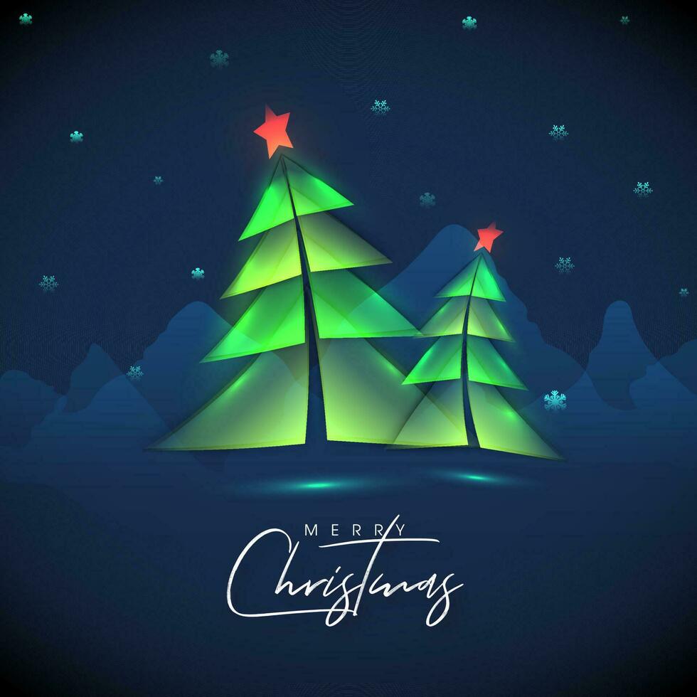 Calligraphy of Merry Christmas with paper cut style Xmas tree and snowflakes decorated on blue mountains background. vector