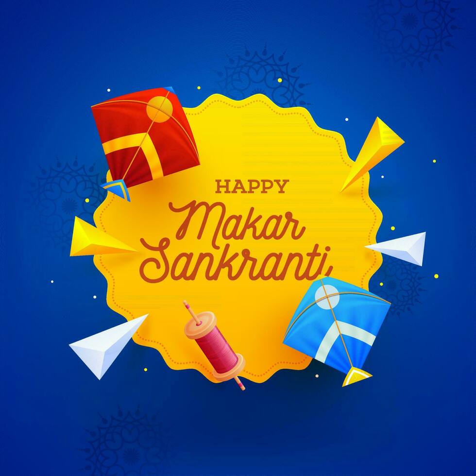 contento makar sankranti texto en amarillo pegatina marco decorado con cometas, cuerda carrete y 3d geométrico elementos en azul antecedentes para celebracion concepto. vector