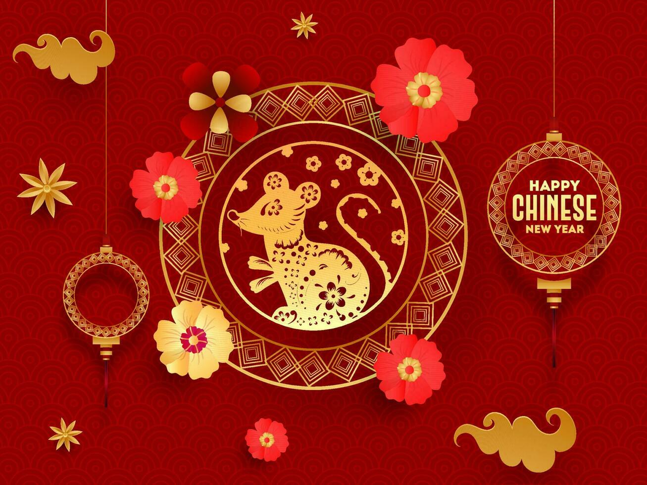 Happy Chinese New Year celebration greeting card design with rat zodiac sign in circle frame and flowers decorated on red seamless circular wave pattern background. vector