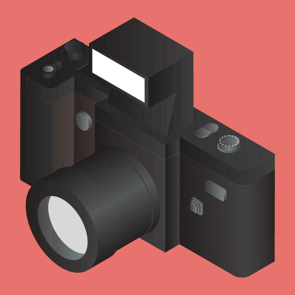 3D black camera on orange background. vector