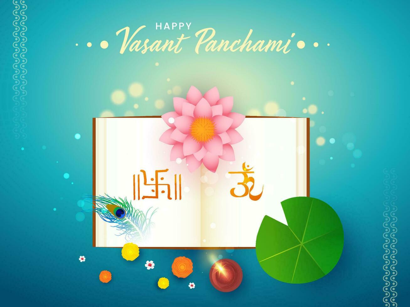 Top View Of Open Holy Book With Flower, Peacock Feather And Lit Oil Lamp On Blue Bokeh Background For Happy Vasant Panchami. vector