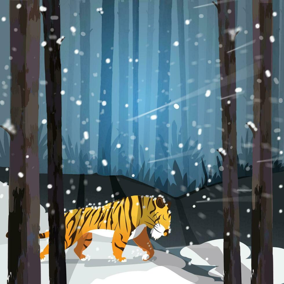 Snow Falling Forest Background With A Cartoon Lion. vector