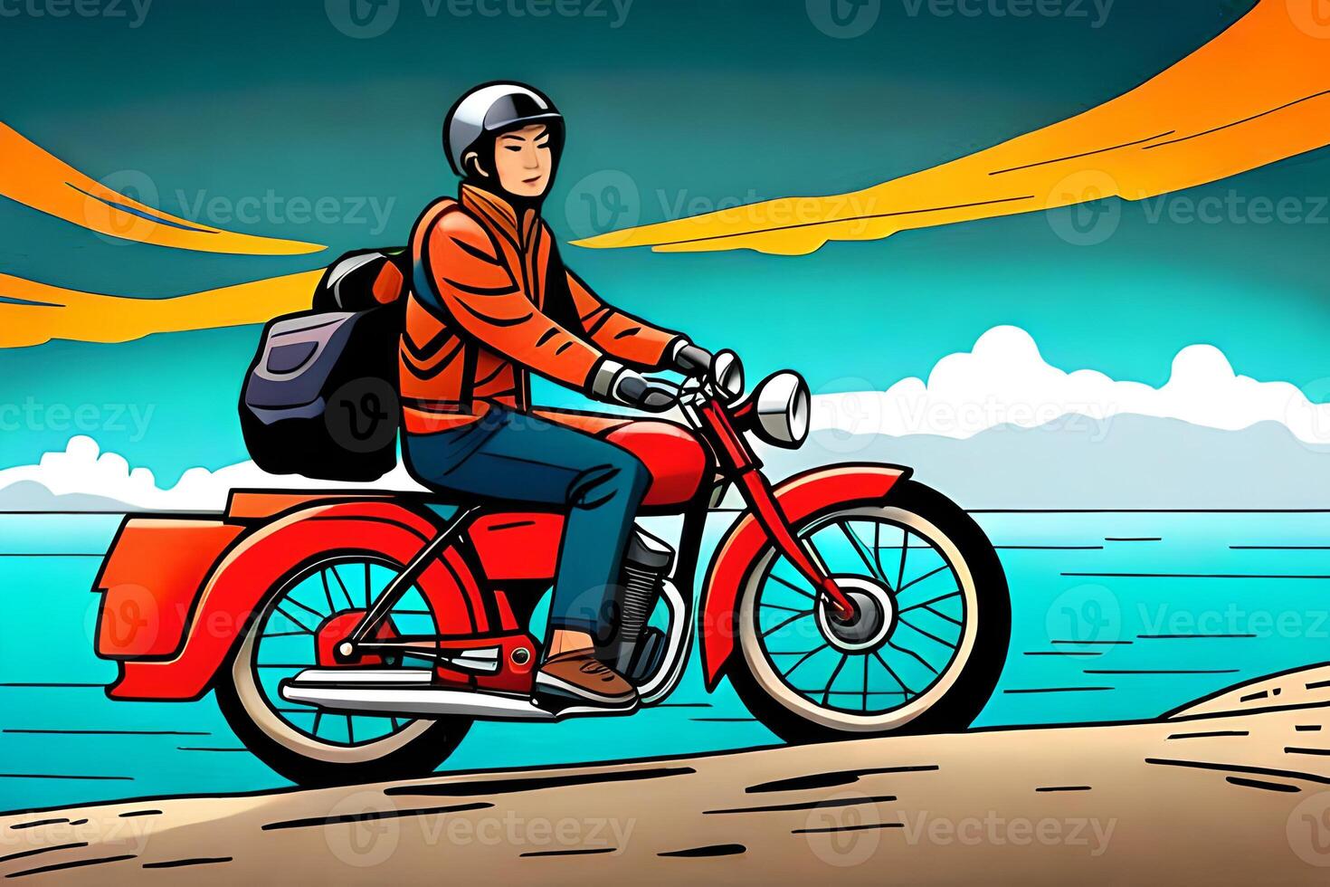 A man with helmet and bag is riding a motorcycle on the beach at noon. Comic style photo