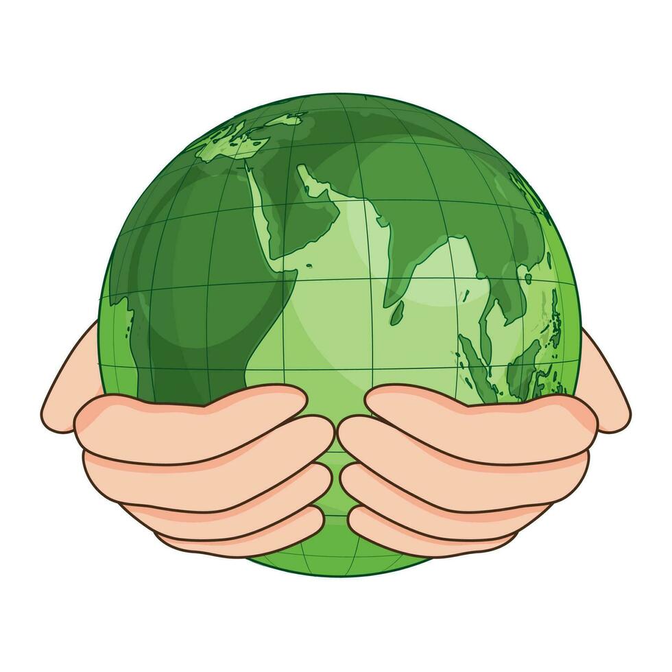 Human hand holding green globe on white background. vector
