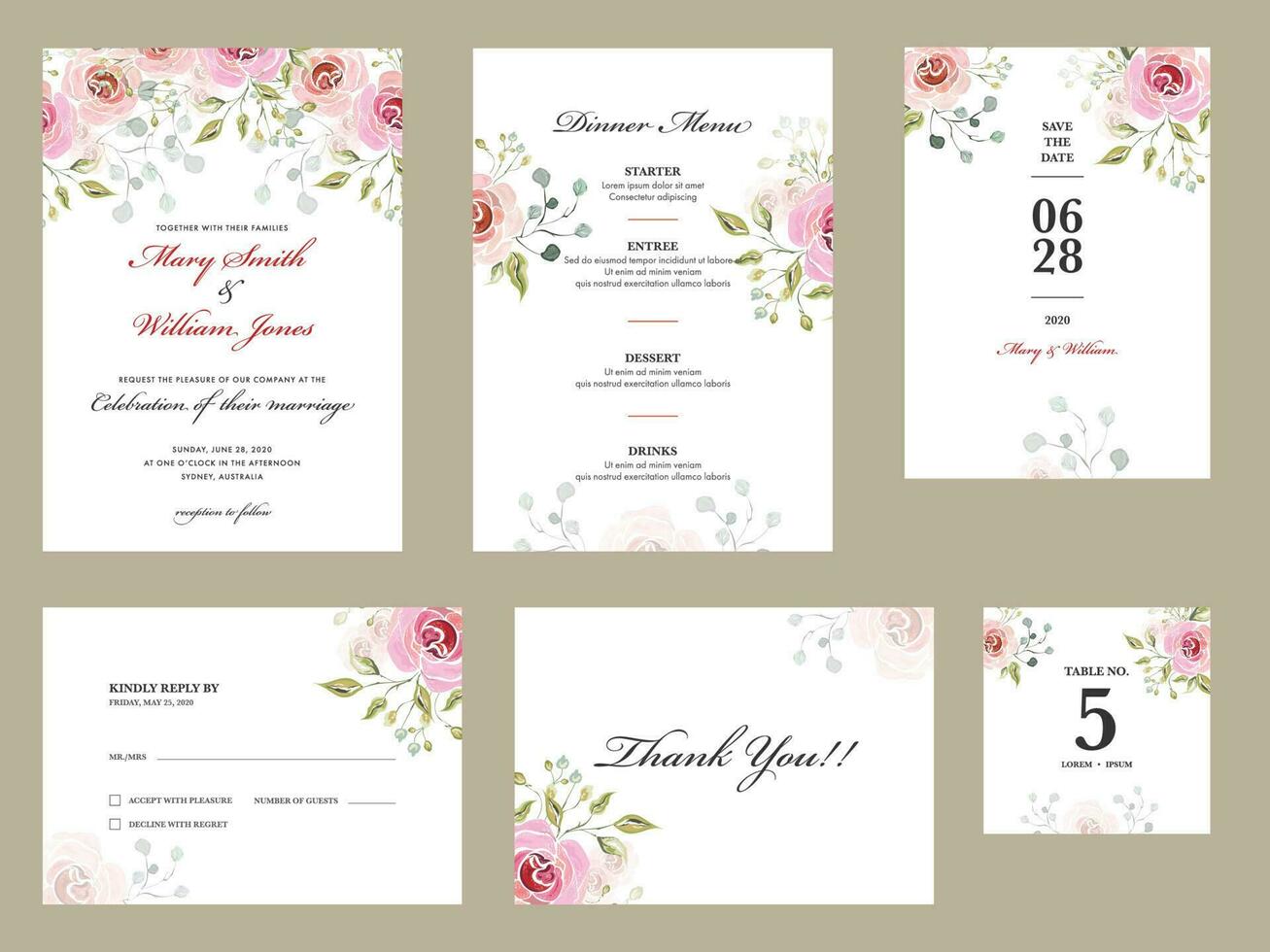 Rose Flower Printed Wedding Invitation Card, Dinner Menu, Save The date, Kindly Reply or RSVP, Table No and Thank You. vector