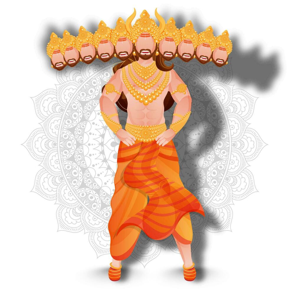 sin rostro personaje de demonio ravana en pie en mandala modelo antecedentes. vector