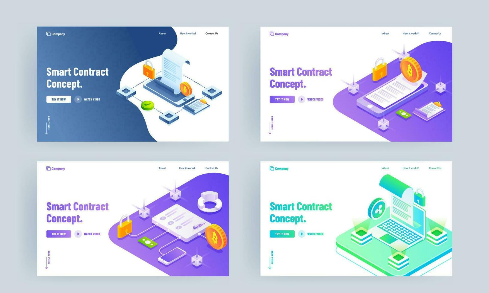 inteligente contrato concepto establecido aterrizaje página diseño con computadora portátil, teléfono inteligente y criptomoneda en cuatro opción. vector