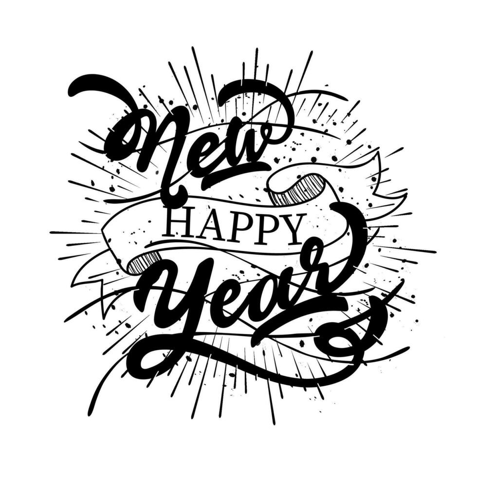 Calligraphy of Happy New Year text with black rays effect on white background. vector