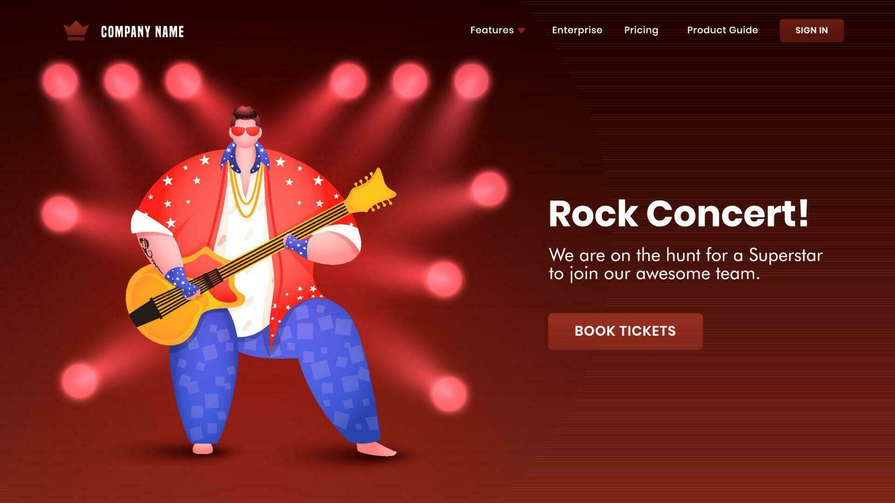 Rock Concert landing page design with illustration of man playing guitar and spotlight focus on brown background. vector