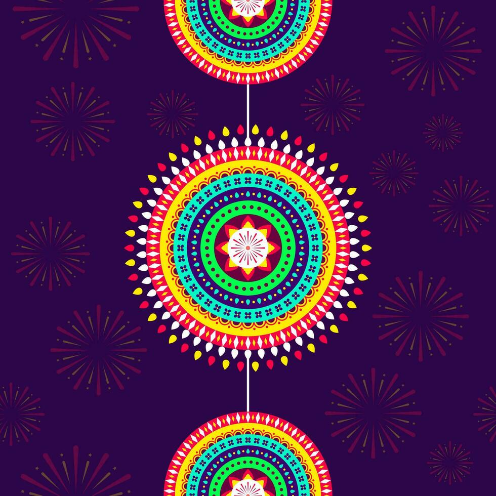 Colorful Mandala Hang On Purple Fireworks Pattern Background. vector