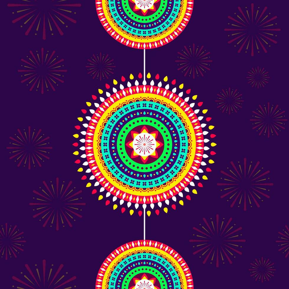 vistoso mandala colgar en púrpura fuegos artificiales modelo antecedentes. vector