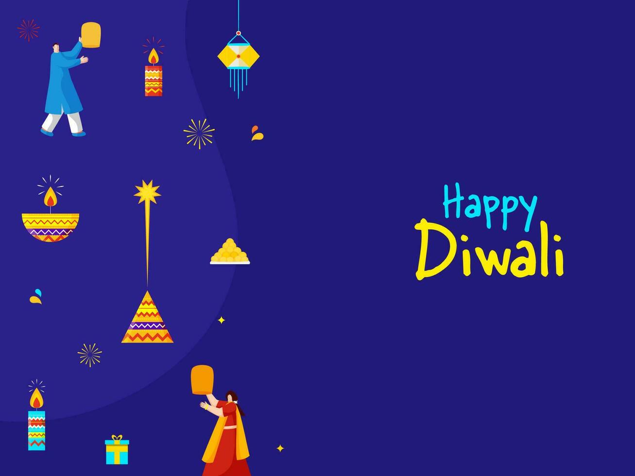 Happy Diwali Celebration Background With Indian People, Lit Oil Lamps, Candles, Firecracker And Sweets vector