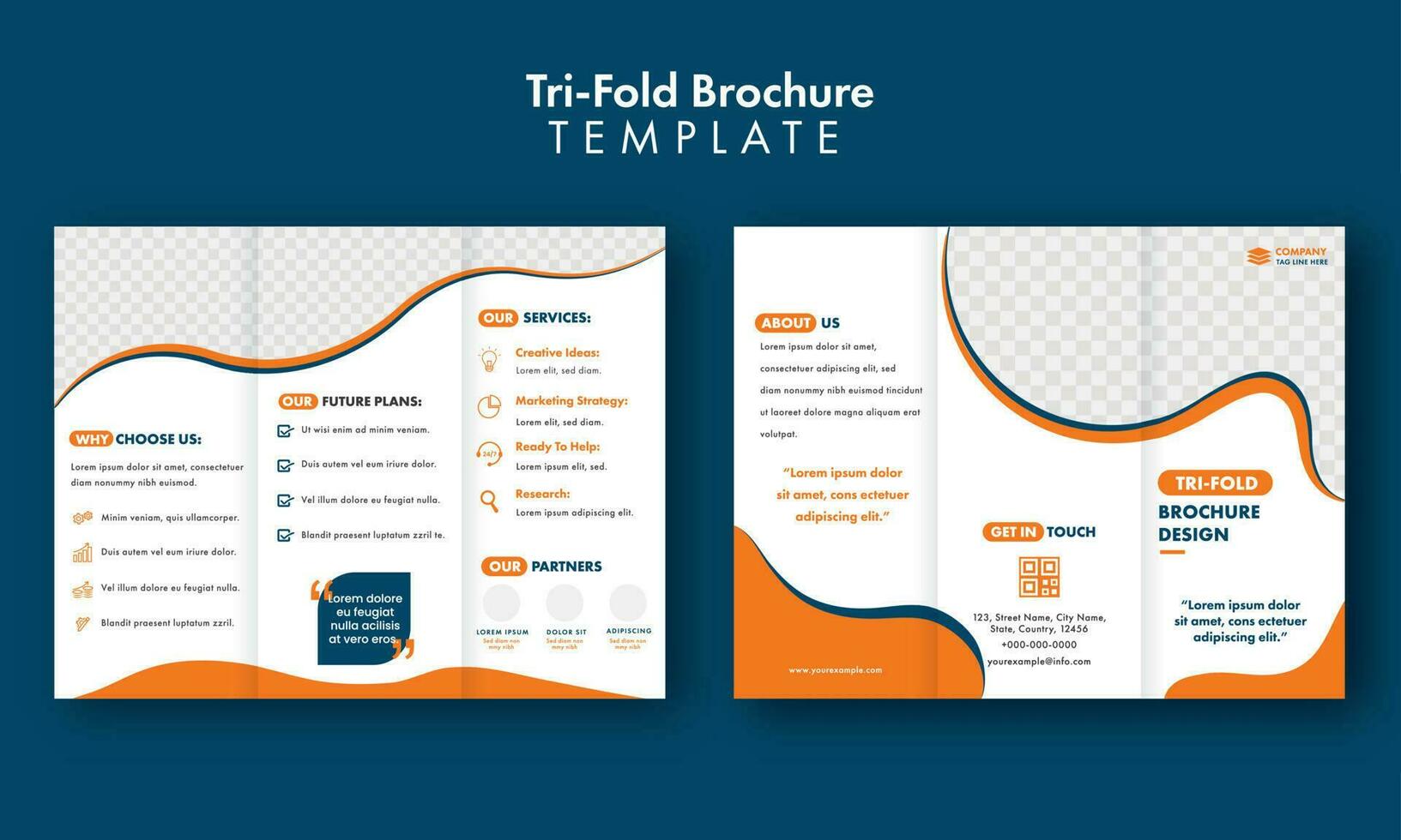 Tri-Fold Brochure Template Layout With Front And Back Presentation On Blue Background. vector