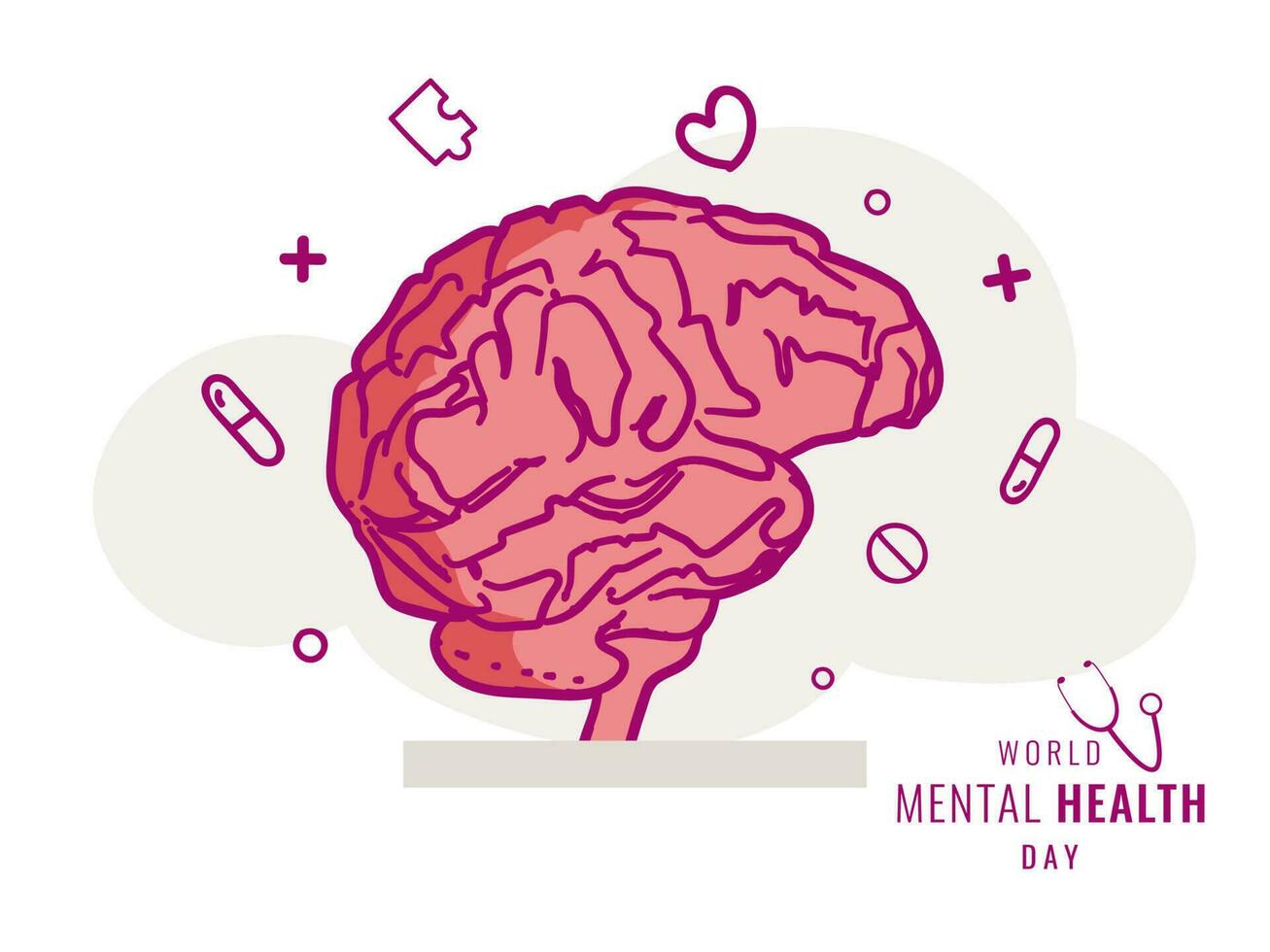 Vector illustration of human brain on abstract background for World Mental Health Day poster or template design.