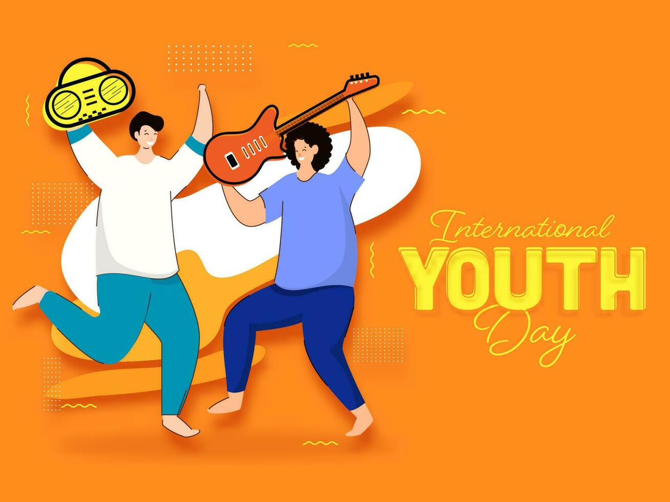 Cartoon Character of Two Young Boy Holding Guitar and Radio in Dancing Pose on Orange Background for International Youth Day. vector