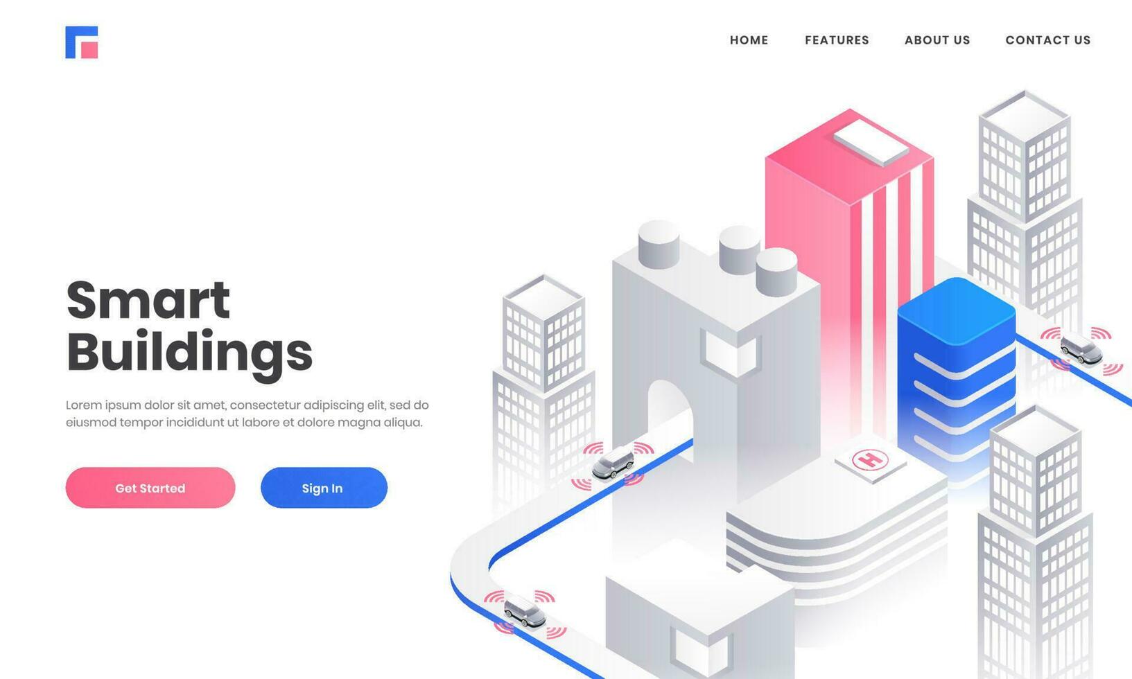 Smart Building concept based landing page design with Isometric illustration of skyscraper buildings on white background. vector