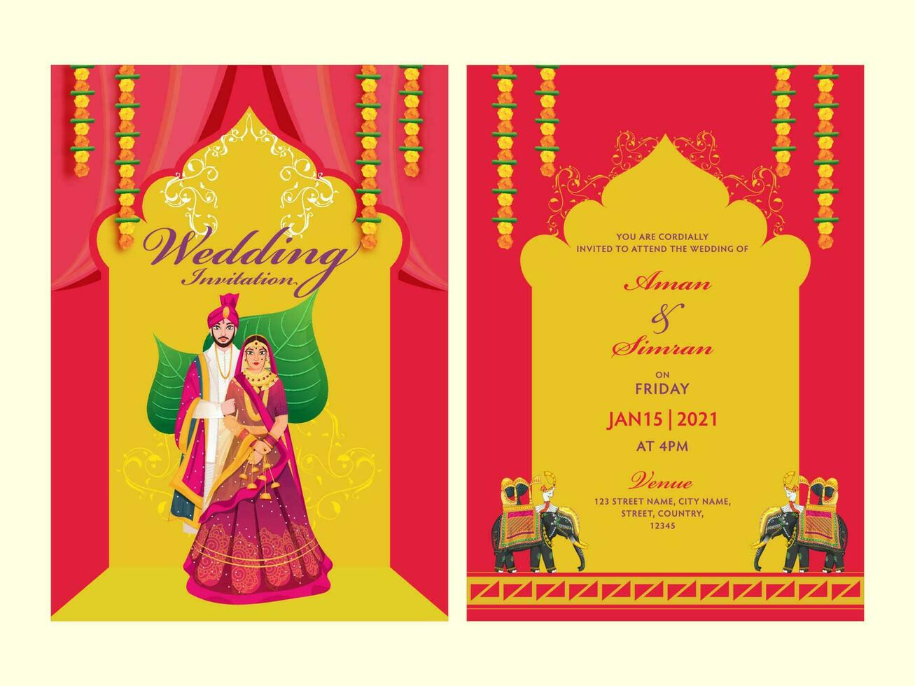 Red and Yellow Wedding Invitation Card Set with Indian Couple Image and Venue Details. vector