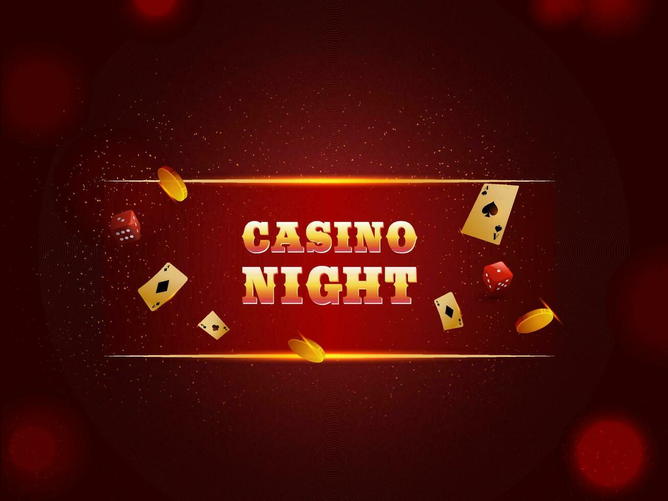 Casino Night Text With Golden Playing Cards, Coins And Dice On Particles Red Background. vector