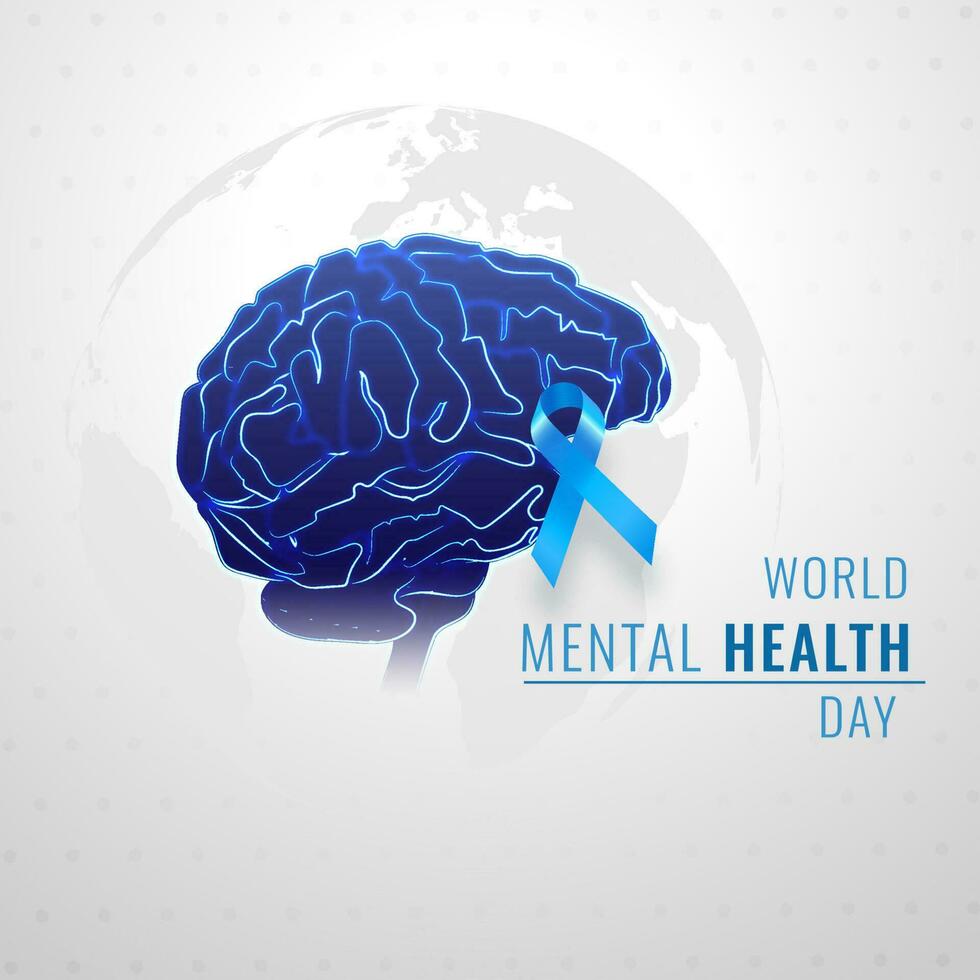 mundo mental salud día póster o modelo diseño, ilustración de humano cerebro con SIDA cinta en azul color en gris global tierra antecedentes. vector