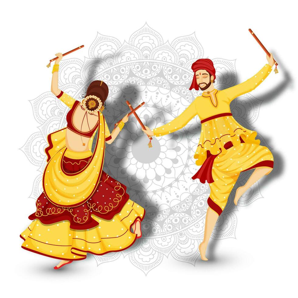 personaje de Pareja bailando con dandiya palos en blanco mandala floral antecedentes para festival celebracion concepto. vector