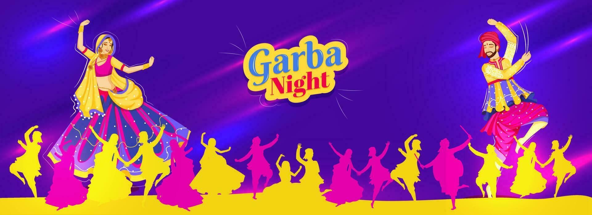 Advertisng Garba Night party header or banner design with illustration of couple dancing on glossy purple lighting background. vector