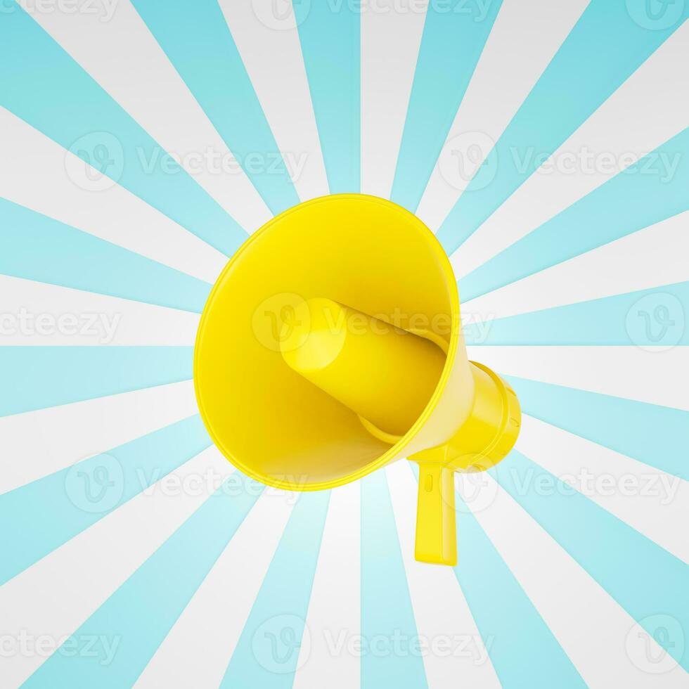 yellow bullhorn white and blue promotional label background or poster sign or presentation sticker with a white yellow megaphone illustration rendering 3d photo