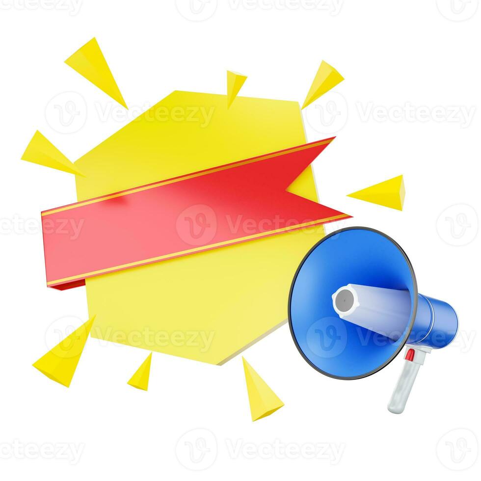 Bullhorn speech bubble promotional yellow label or poster sign Presentation red sticker with a blue and white megaphone illustration rendering 3d photo