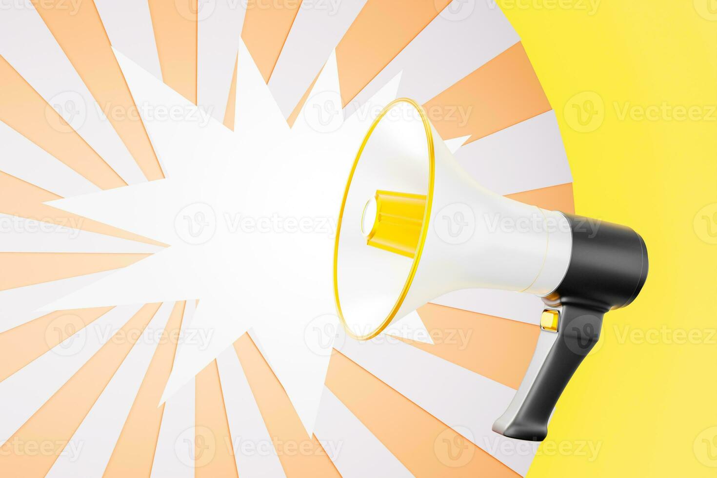 amplified loudspeaker or megaphone hor MegaFon black, white, and gold is an announcement loudspeaker mockup icon on a white and yellow background showing a 3d illustration photo