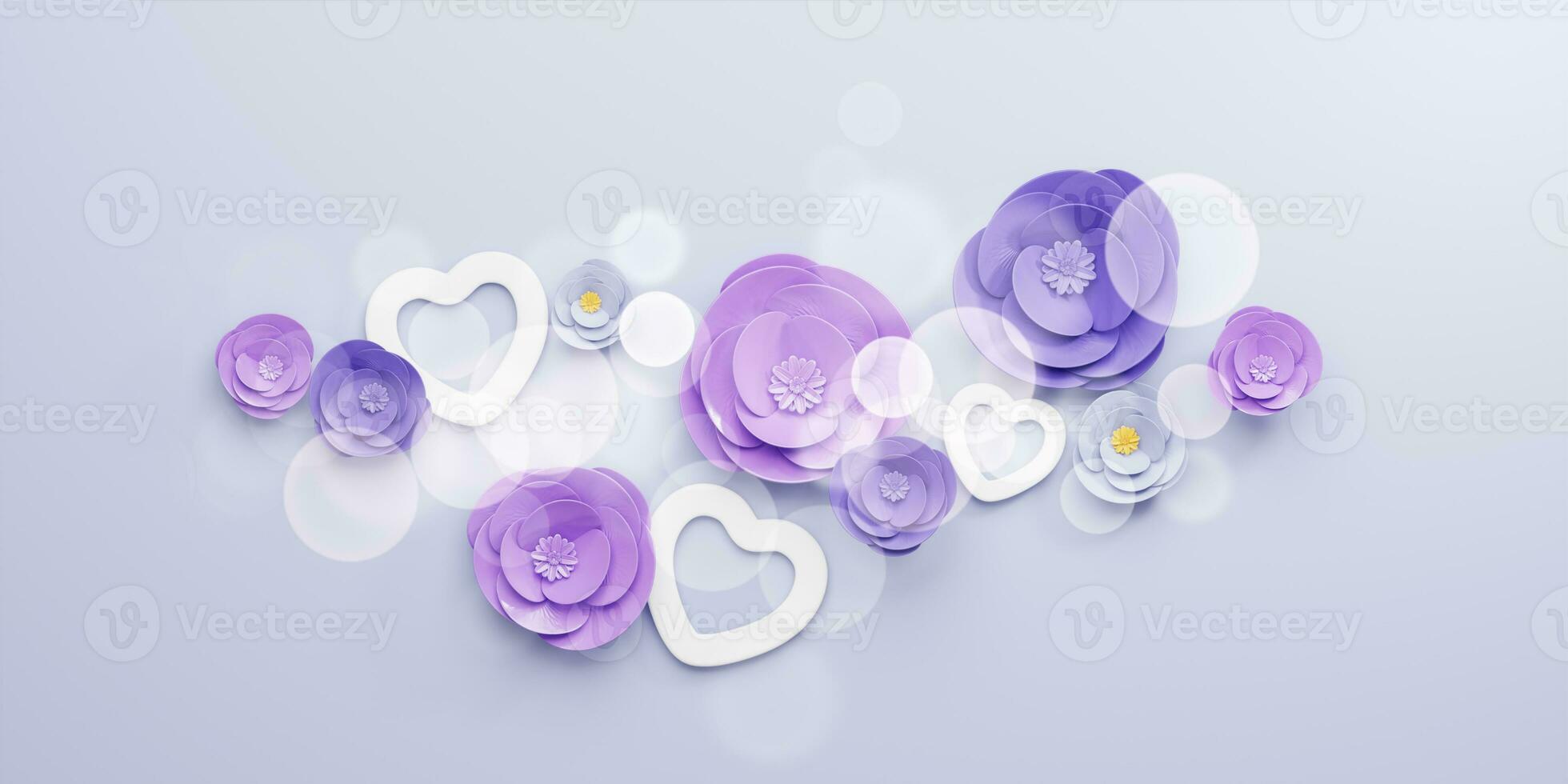 3d Rendering. Design for Mother's Day and Valentine Day illustration. purple rose flower and heart shape, bokeh on purple background. With Copy space. photo