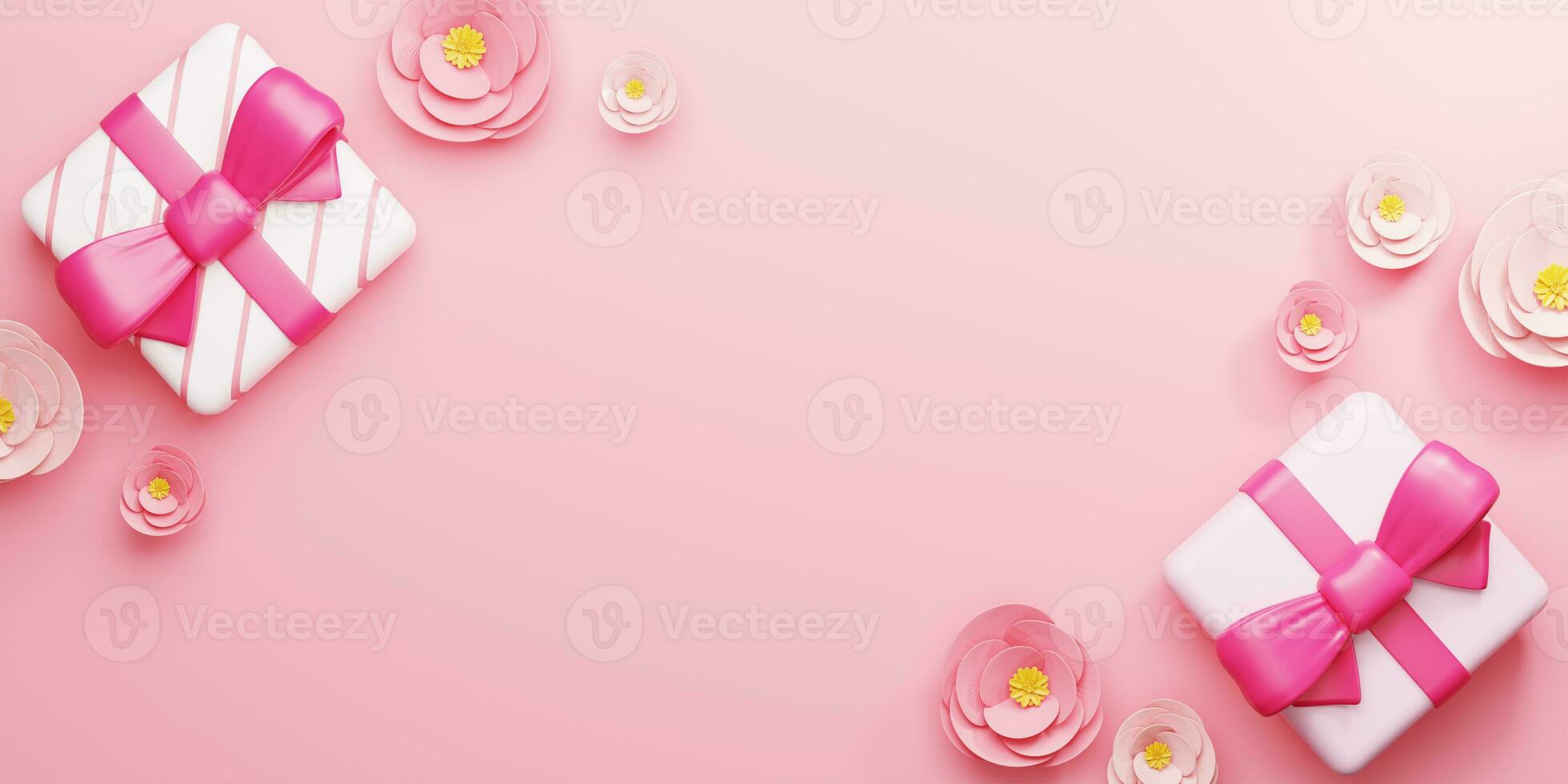 3d Rendering. Design for Mother's Day and Valentine Day illustration. Gift box and rose flower on pink background. With Copy space. photo