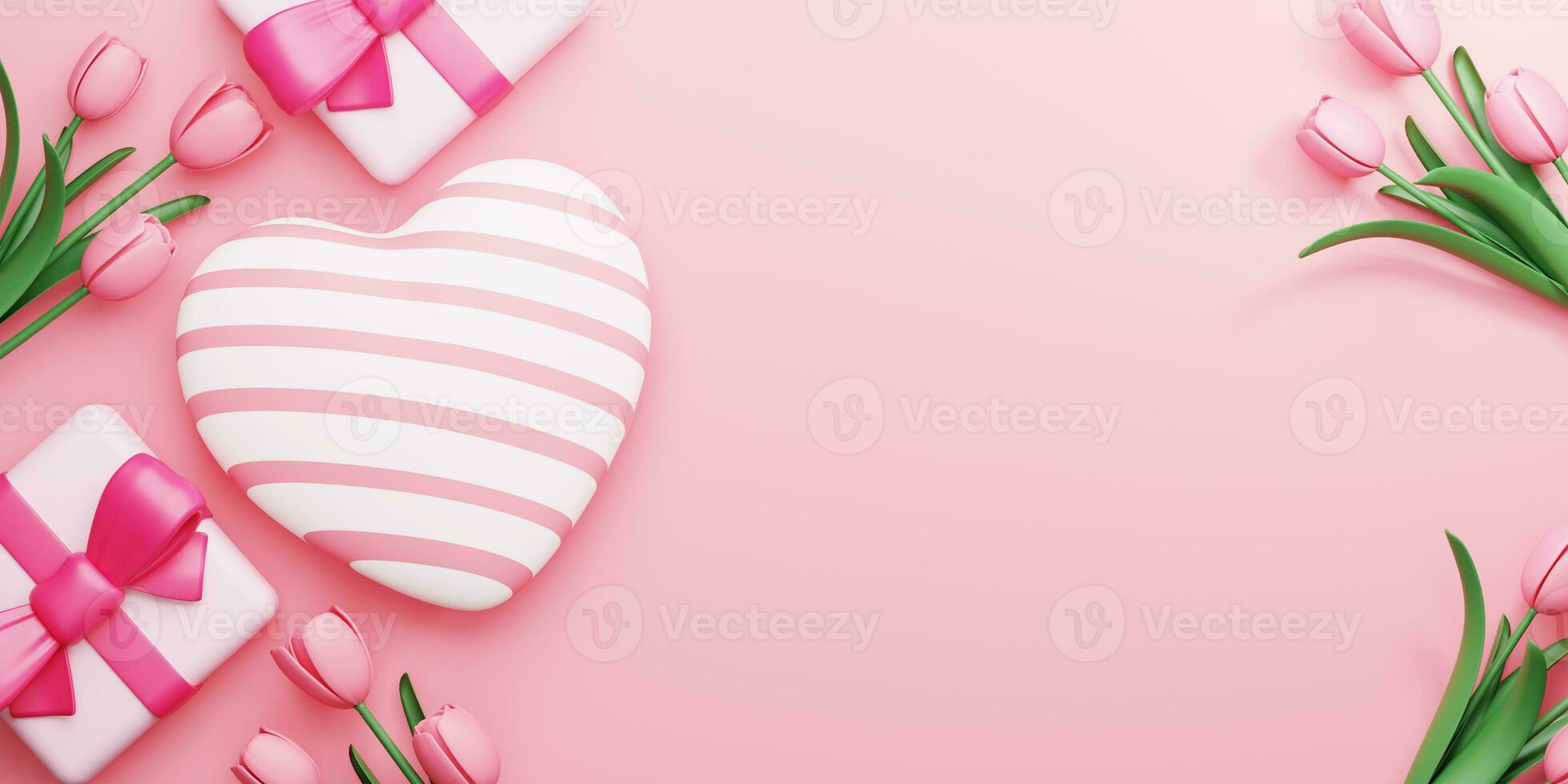 3d Rendering. Design for Mother's Day and Valentine Day illustration. Heart shape and Gift box, tulip flower on pink background. With Copy space. photo