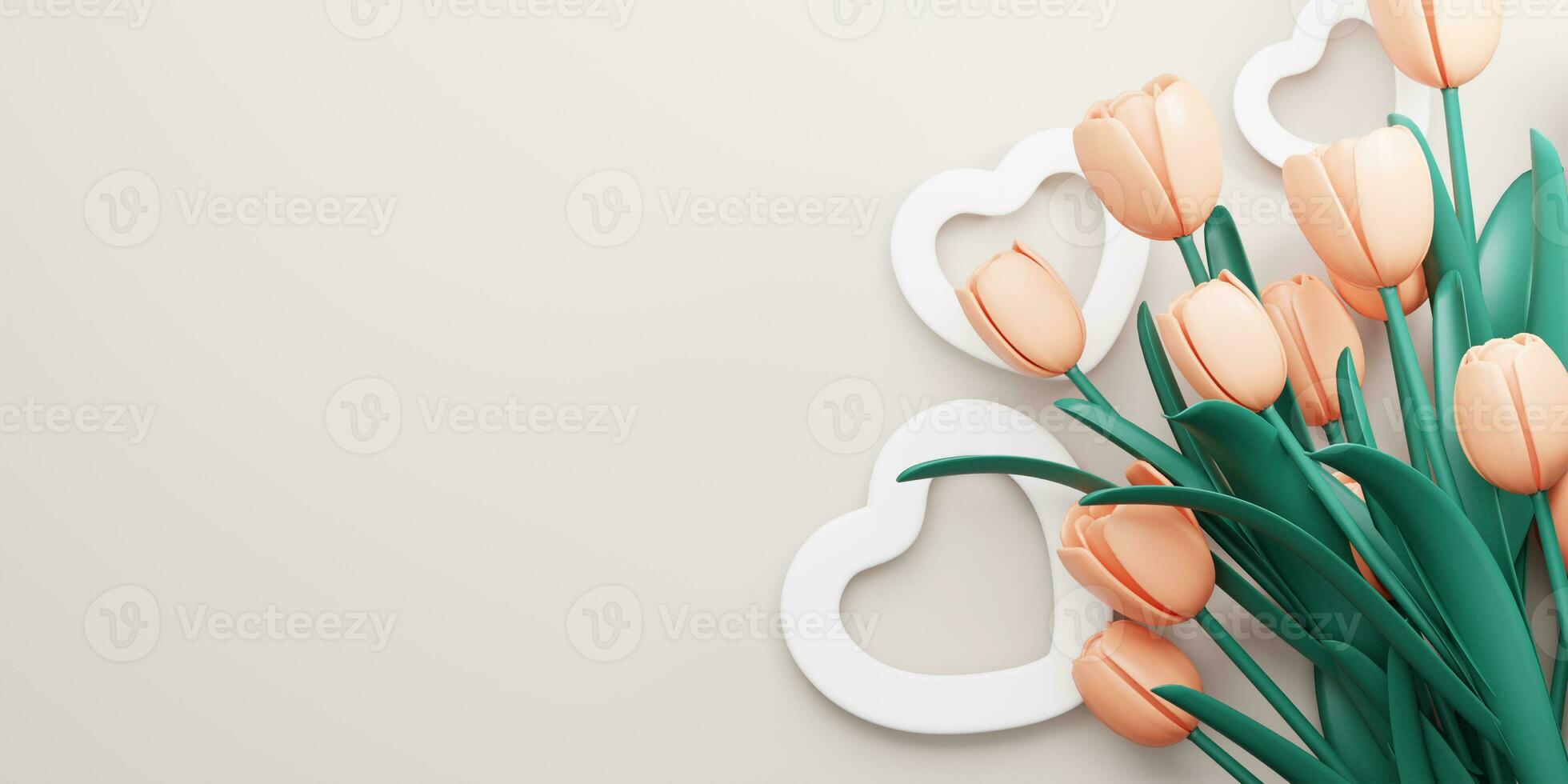 3d Rendering. Design for Mother's Day and Valentine Day illustration. orange tulip flower and heart shape on gray background. With Copy space. photo