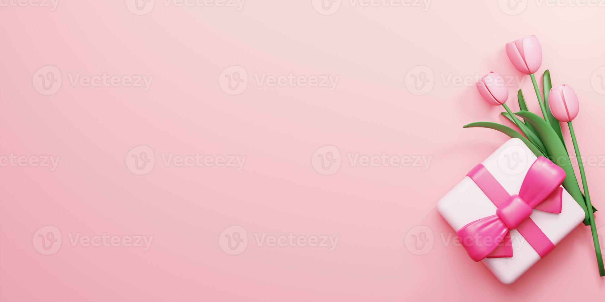3d Rendering. Design for Mother's Day and Valentine Day illustration. Gift box and tulip flower on pink background. With Copy space. photo