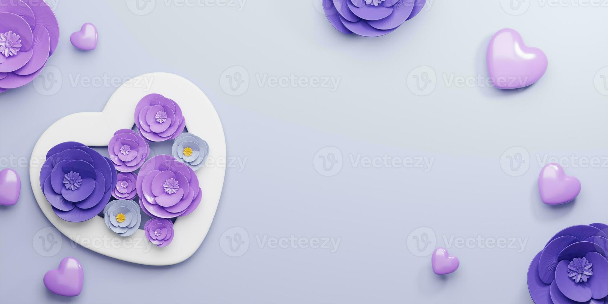 3d Rendering. Design for Mother's Day and Valentine Day illustration. purple rose flower and heart shape on purple background. With Copy space. photo