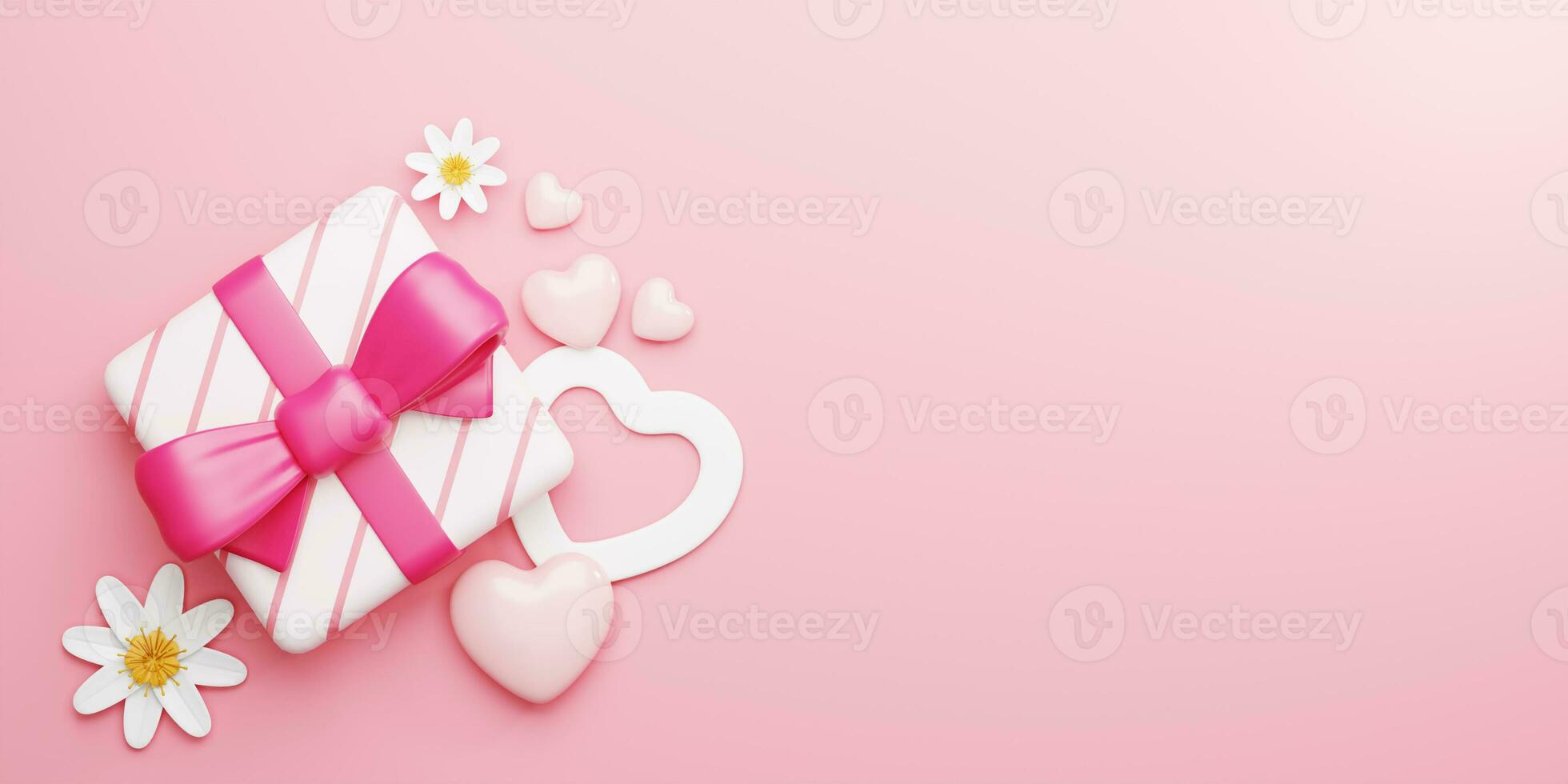 3d Rendering. Design for Mother's Day and Valentine Day illustration. Gift box and heart shape, flower on pink background. With Copy space. photo