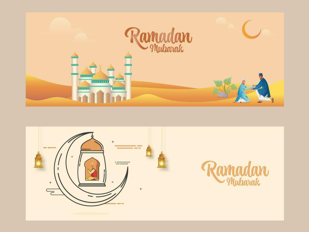 Ramadan Mubarak Celebration Banner Design With Mosque Illustration, Crescent Moon And Muslim Men Character On Background. vector