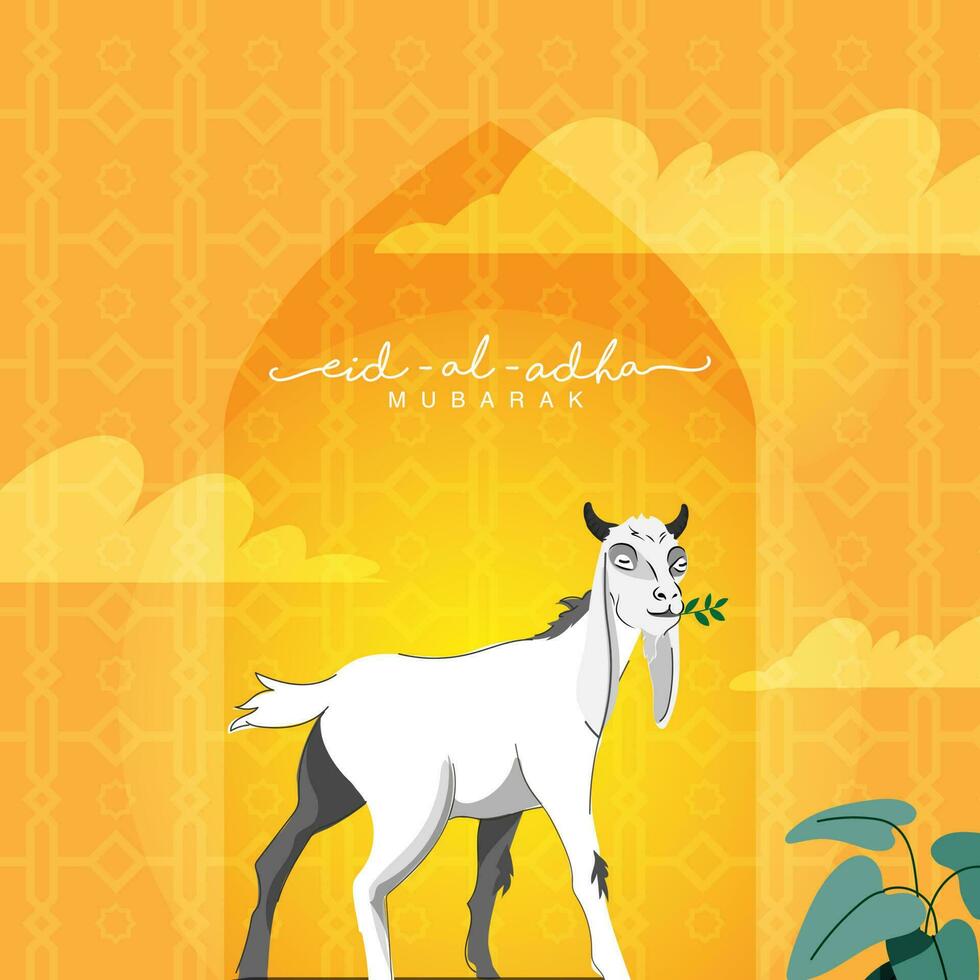 Eid-Al-Adha Mubarak Concept With Cartoon Goat Feeding Grass On Orange Islamic Pattern Background. vector