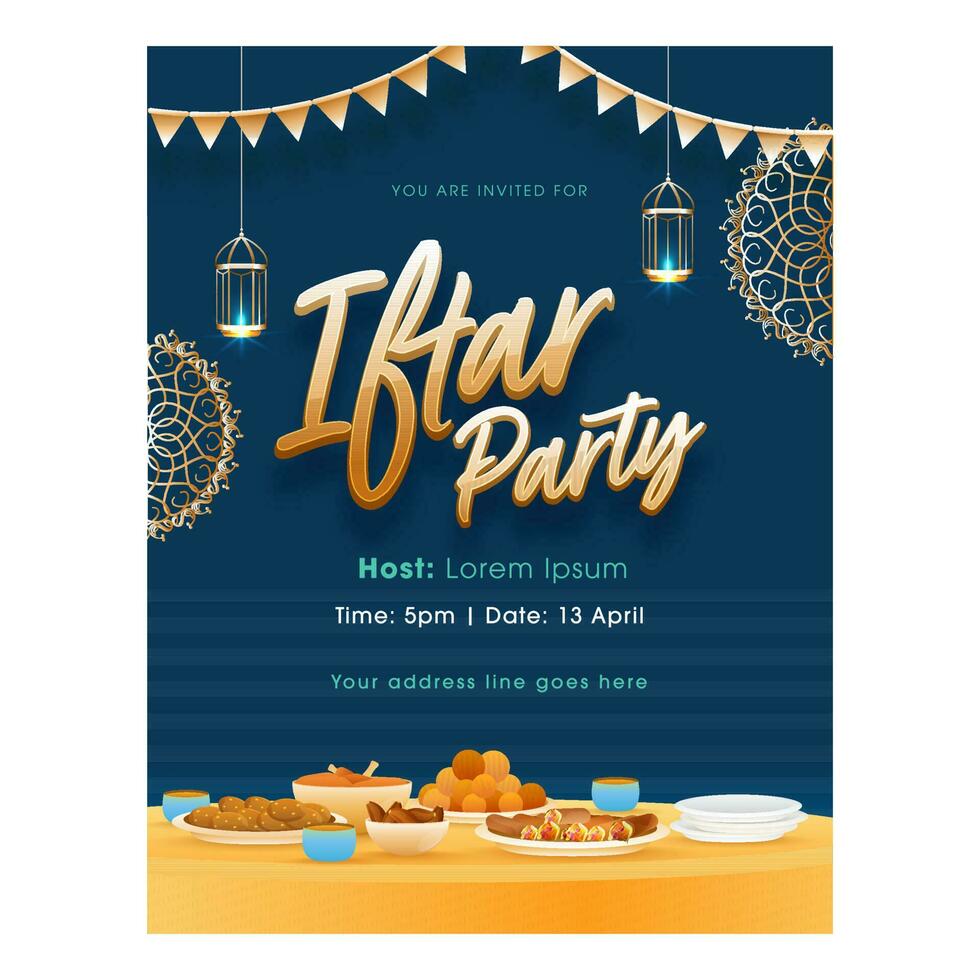 Iftar Party Flyer Design With Delicious Foods And Hanging Lit Lanterns On Blue Background. vector