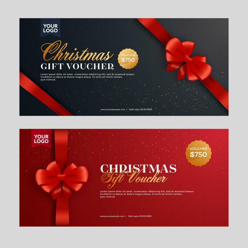 Christmas Gift Voucher Banner Layout Closed With Bow Ribbon In Black And Red Color Options. vector